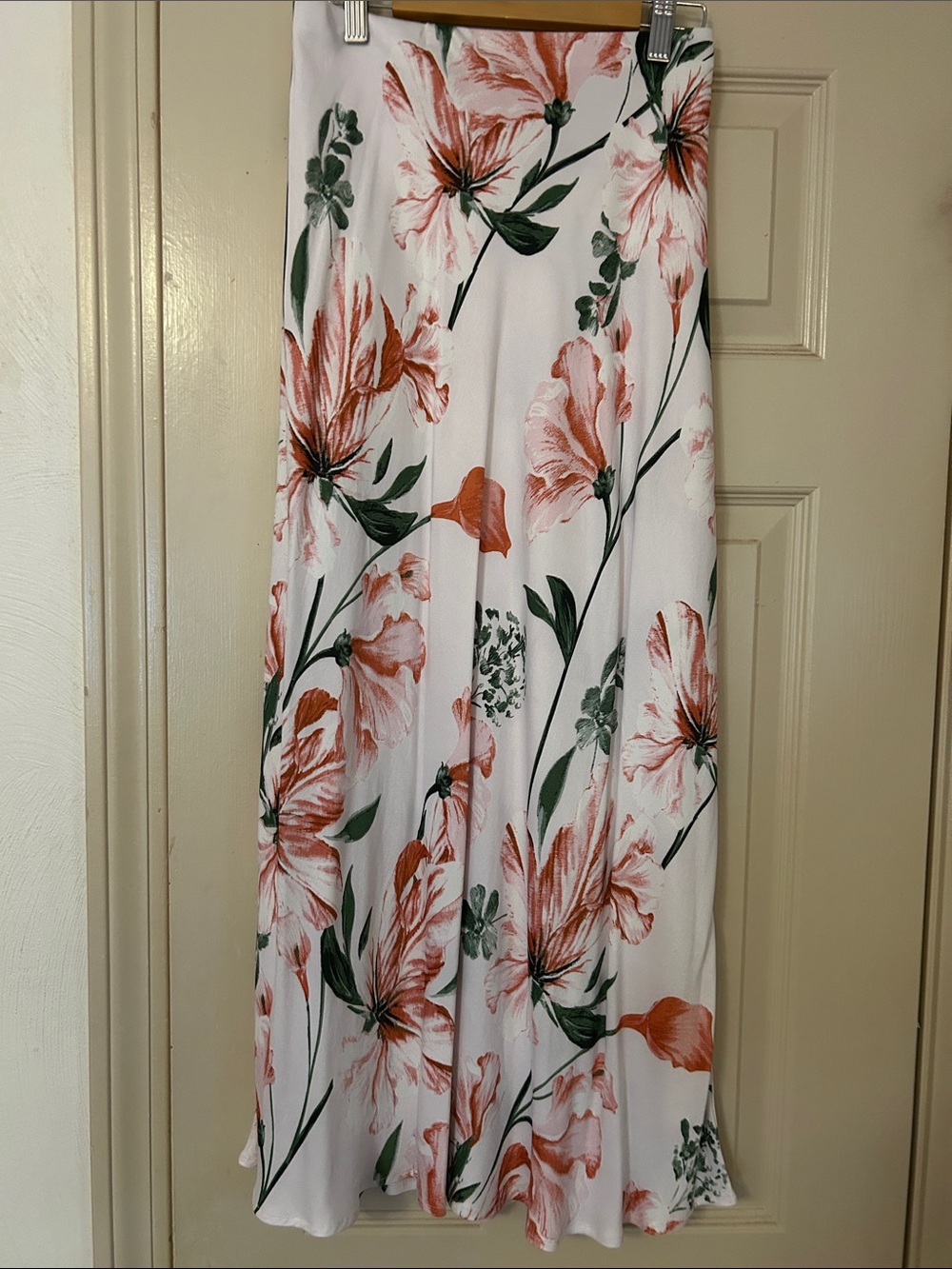 Anthropologie White Floral Maxi Skirt with Coral and Green Print